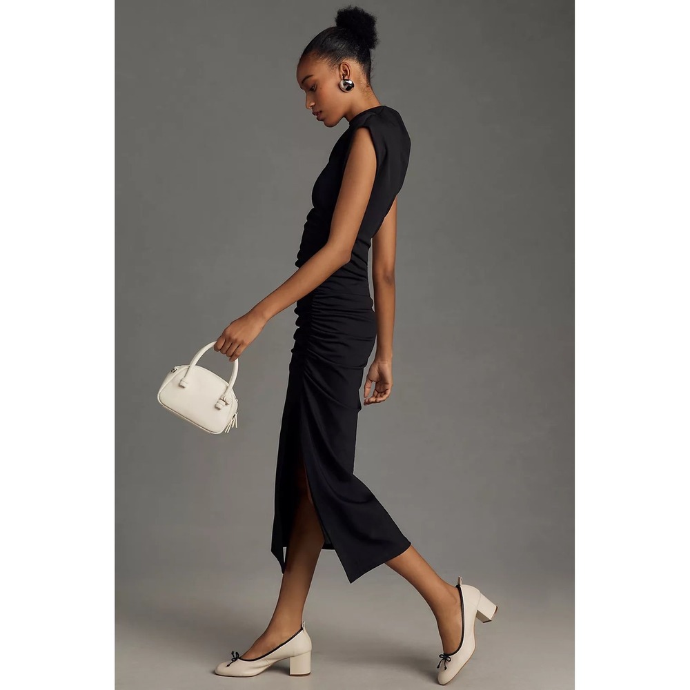 Anthropologie The Maya Ruched Cowl Neck Dress Womens M Black Midi Slit - Picture 4 of 11